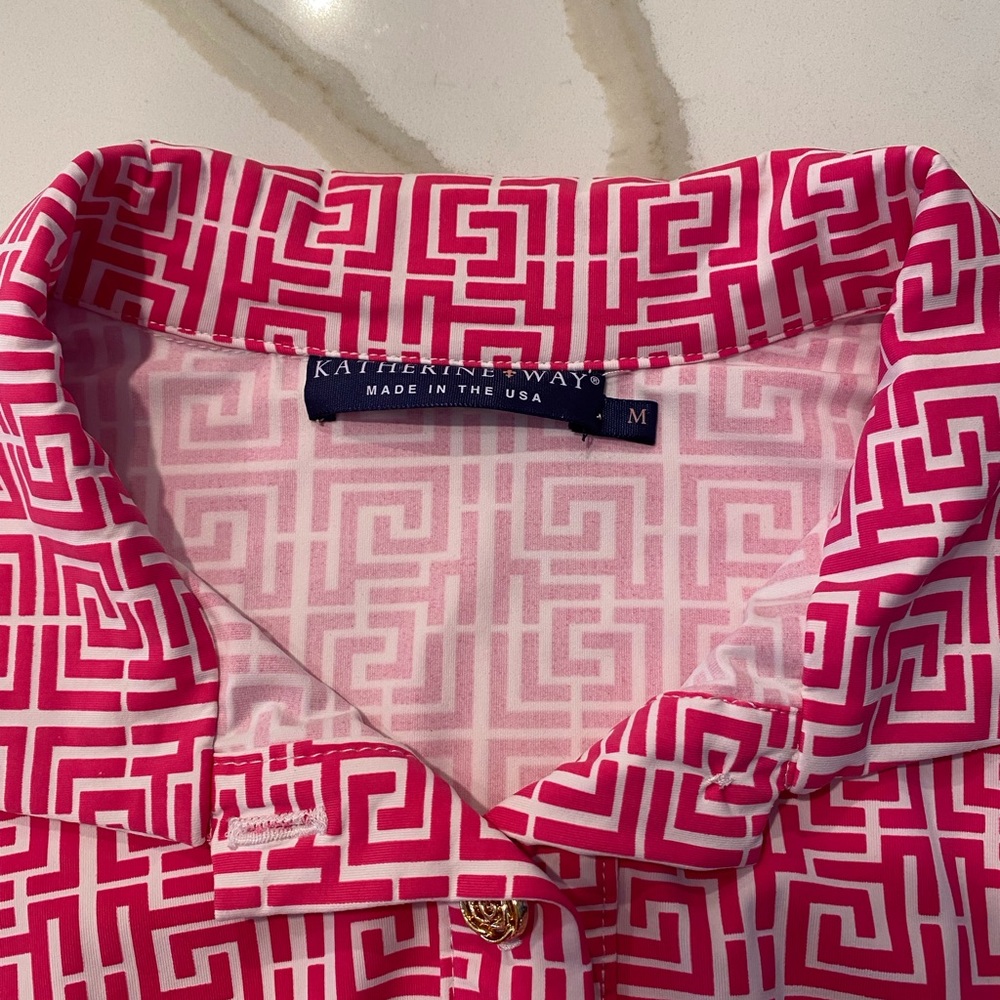 Katherine Way pink & white Austin puzzle print dress size Medium with pockets!